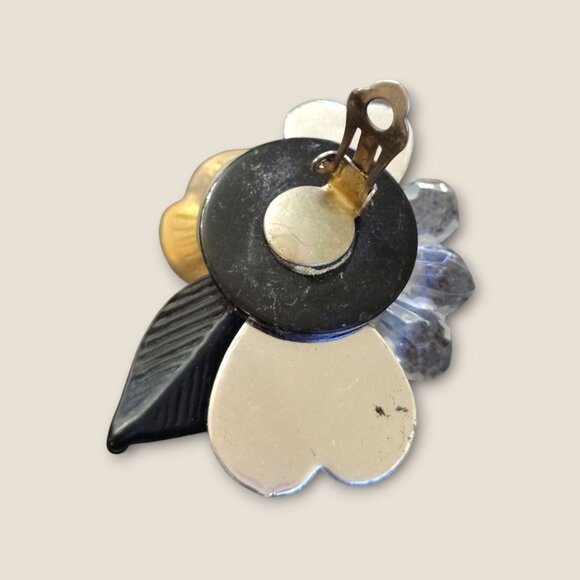 Vintage Gold & Clear Crystal Floral Clip-On Earrings Black Leaf Design Lightweig - Picture 5 of 6